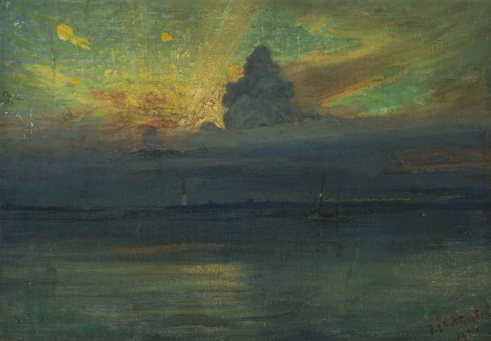 Richard Langtry Partington (Am. 1868-1929) -: Richard Langtry Partington Am. 1868-1929 Seascape with lighthouse, 1901 Oil on canvas laid to panel Signed and dated l.r. 10 5/8" x 15 1/2" sight, 12 3/4" x 17 5/8" framed Provenance: Private Collecti