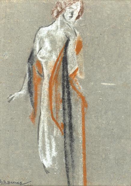 Arthur Bowen Davies (Am. 1862-1928) - Female Study: Arthur Bowen Davies Am. 1862-1928 Female Study Chalk on colored paper, framed under glass Signed l.l. 14" x 10" sight, 23" x 18 1/2" framed Provenance: Estate of Donald Brenwasser, New Jersey