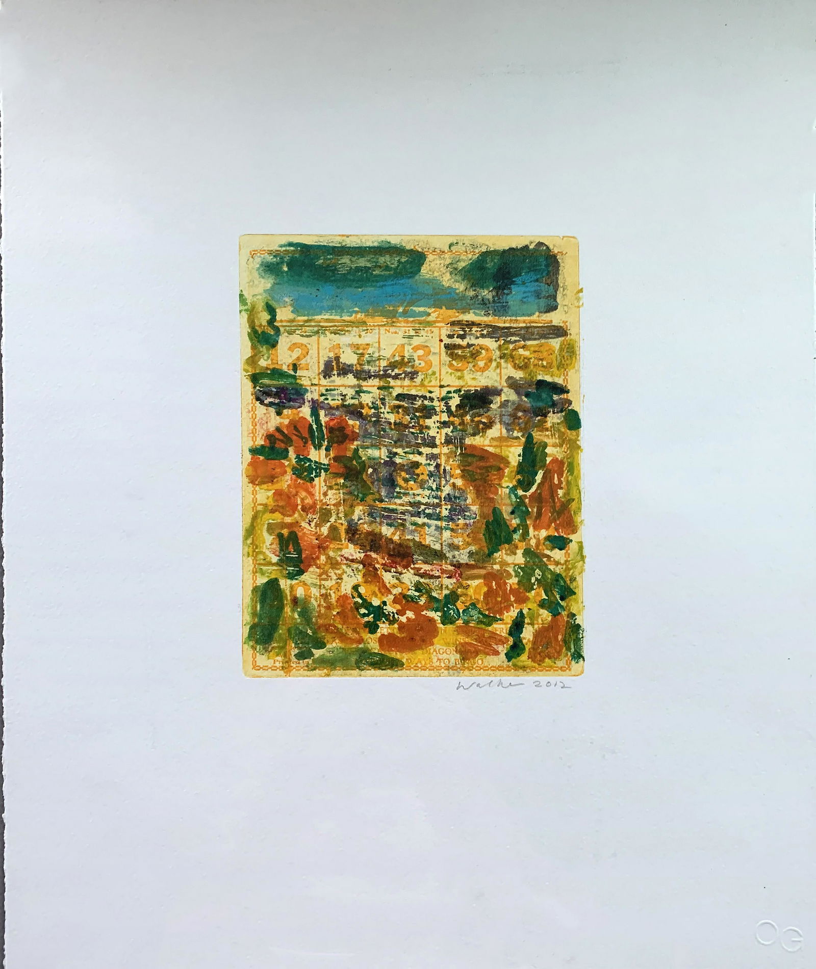 John Walker (Am. b. 1939) - Pearl Lake, 2012 -: John WalkerAm. b. 1939Pearl Lake, 2012Monoprint on paperSigned and dated l.r. 16" x 13" actual, 17 3/4" x 14 3/4" framedProvenance: Private Collection Massachusetts