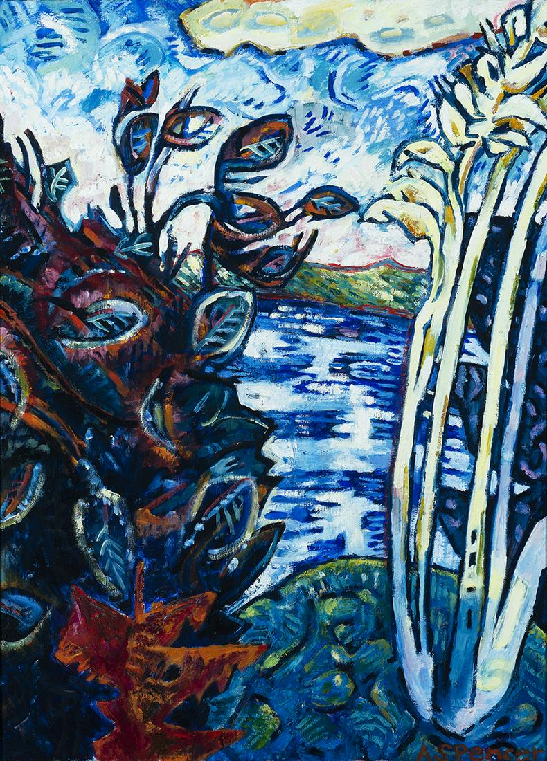 Alice Spencer (Am. b. 1944) - "Landscape with Red: Alice Spencer Am. b. 1944 "Landscape with Red Fir" 1992 Oil on masonite Signed l.r., artist's label on verso 30" x 22" actual, 32" x 24" framed Provenance: Private Collection Maine
