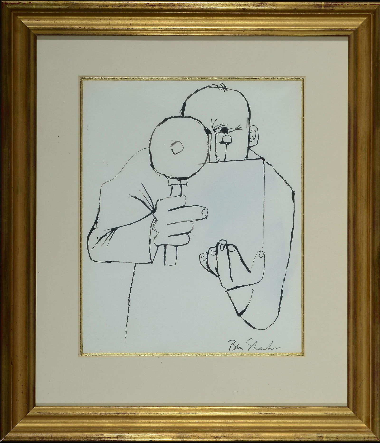 Ben Shahn Am. 1898-1969 Group Lot: 1] Drugstore 2] Rab: Ben Shahn Am. 1898-1969 Group Lot: 1] Drugstore 2] Rabbi 3] Photographer Ink on paper, framed under glass Signed l.r. 1] 6" x 6 1/2" sight, 12 1/4" x 12 1/4" framed 2] 11 3/4" x 7 1/2" sight, 19 1/2"