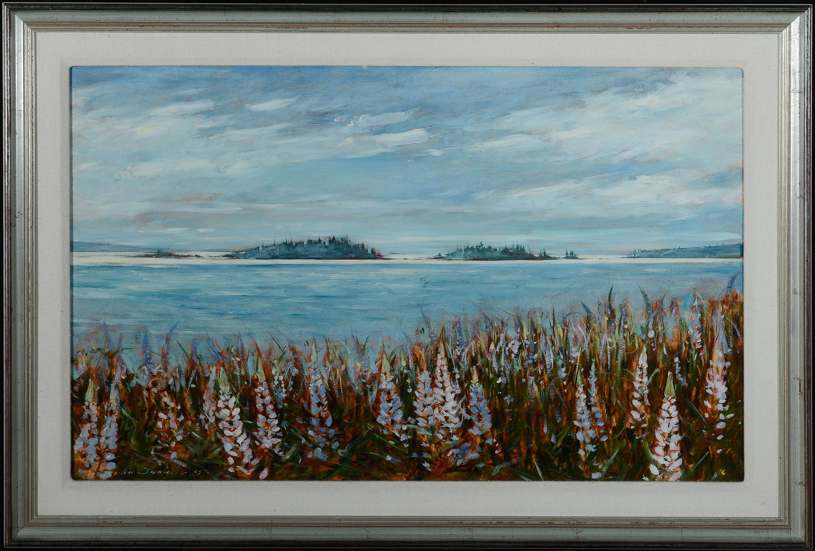 John Swan Am. b. 1948 "Lupines" 1985: John Swan Am. b. 1948 "Lupines" 1985 Oil on masonite, framed Signed and dated l.l. 22 1/2" x 36 1/2" sight, 29 1/2" x 43 1/2" framed Private Collection Maine