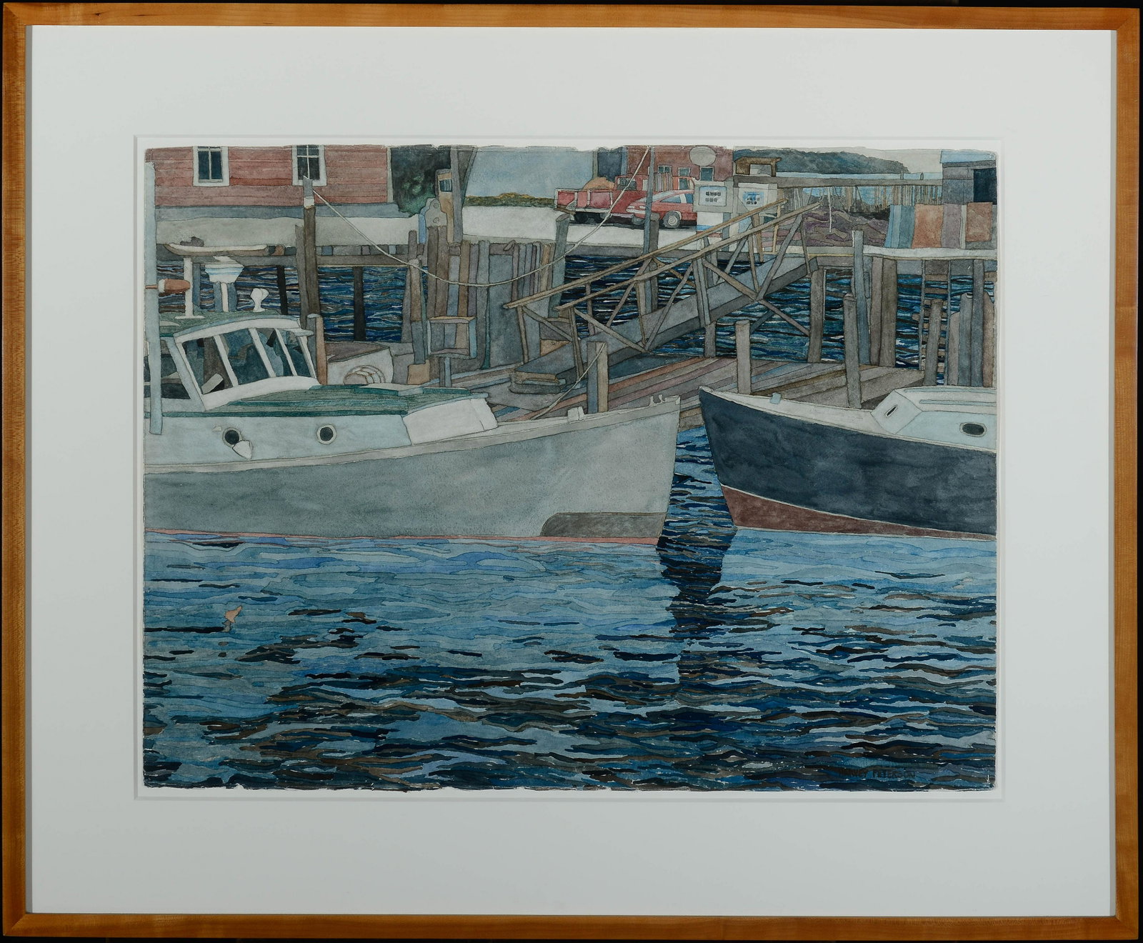 Harvey Peterson Am. 20th Century "Lobster Coop": Harvey Peterson Am. 20th Century "Lobster Coop" Watercolor on paper, framed under plexiglass Signed l.r. 22 1/4" x 29 5/8" actual, 32 1/2 x 39 3/4" framed Private Collection Maine