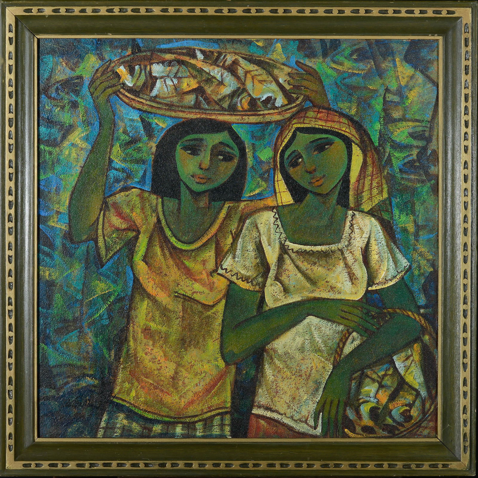 Roger San Miguel Filipino b. 1940 Two Women c. 1965: Roger San Miguel Filipino b. 1940 Two Women c. 1965 Oil on Canvas, framed Signed l.l., inscription on verso 30" x 30" actual, 35 1/4" x 35 1/4 framed Private Collection Massachusetts