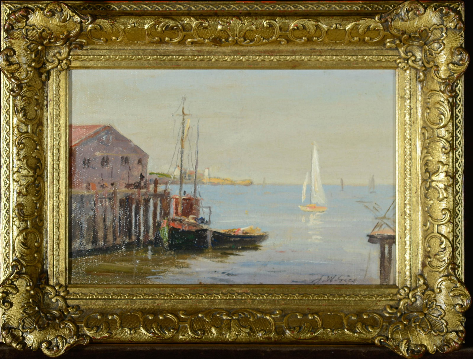 Joseph Gies Am. 1860 - 1935 Untitled: Joseph Gies Am. 1860-1935 Untitled Oil on canvas on board Signed l.r. 7 1/2" x 11 3/8"sight, 12 1/2" x 16 1/2" framed Private Collection Michigan
