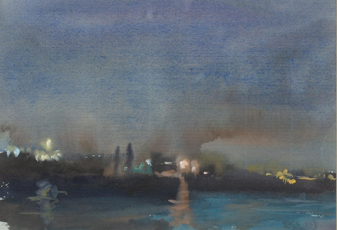Stuart Shils, "The Delaware River, Towards Camden", WC: Stuart Shils (Am. b. 1954) "The Delaware River, Towards Camden" 1982 Watercolor, matted and framed under glass Signed, titled and dated on verso, dedication to Professor Rieff inscribed on verso 8" x