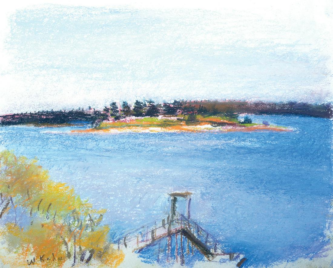 Wolf Kahn, Maine Harbor, Pastel on paper: Wolf Kahn (Am. 1927-2020) Maine Harbor Pastel on paper, framed Signed l.l. 11" x 14" actual 14 5/8" x 17 5/8" framed Provenance: Acquired directly from artist to Private Collection New York City