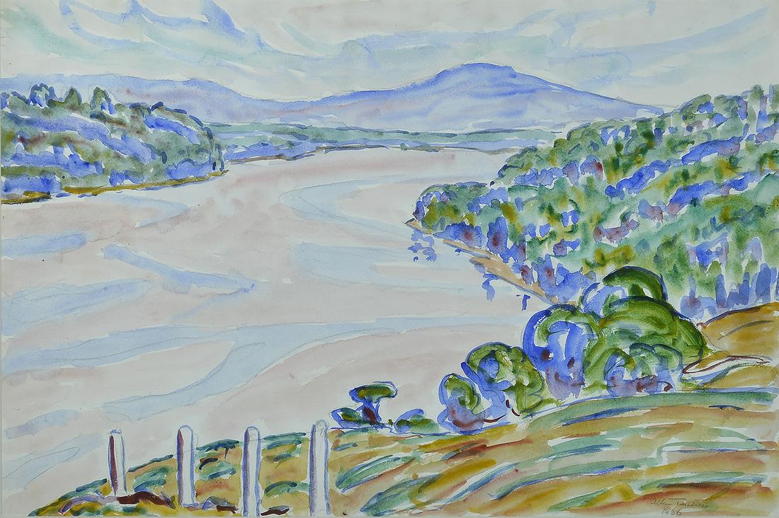 Allen Tucker (Am. 1866-1939) Landscape, 1936: Allen Tucker (Am. 1866-1939) Landscape, 1936 Watercolor on paper, framed under acrylic 18 3/8" x 27 3/8" sight, 27 3/4" x 36 3/8" framed Signed and dated l.r. Private Collection Maine