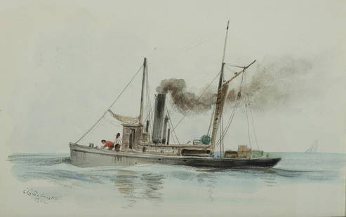 Xanthus Russell Smith (Am. 1838-1929), Casco Bay...: XANTHUS RUSSELL SMITH (Am. 1838-1929) Casco Bay Steamer, 1902 Pencil and watercolor on paper, framed under acrylic 6 1/2" x 10" actual, 10 3/8" x 13 7/8" framed Signed and dated l.l., "Wiscasset Bay G