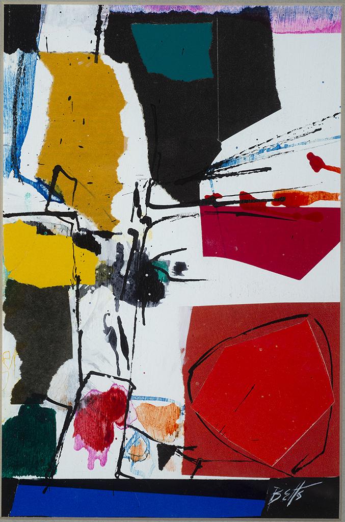 Edward Betts (Am. 1920-2008), "Collage Sketch #3": EDWARD BETTS (Am. 1920-2008) "Collage Sketch #3" Acrylic and collage, framed under acrylic 11 7/16" x 6 3/16" sight, 19" x 14" framed Signed l.r., artist's name, title and medium inscribed on verso, "