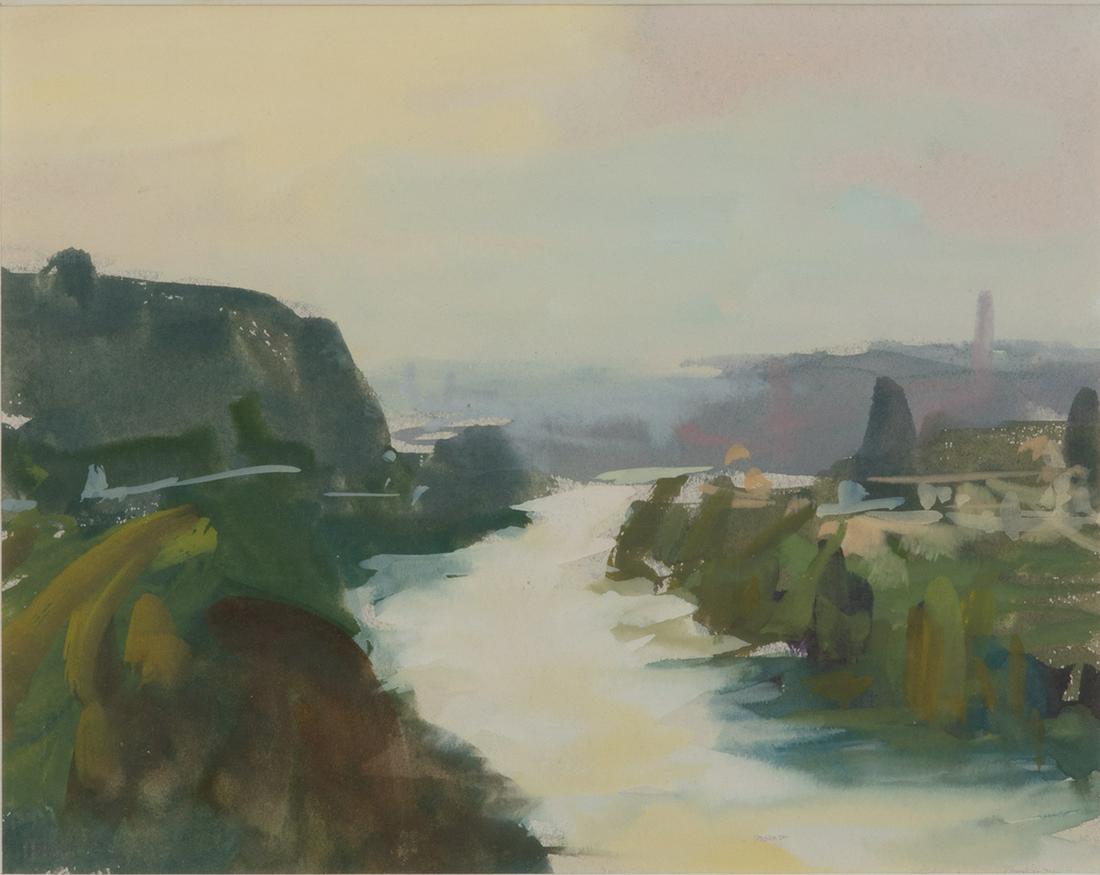 Stuart Shils (Am. b. 1954), View from City Ave Bridge: STUART SHILS (Am. b. 1954) View from City Ave Bridge, West Gouache on paper, framed under glass 6 5/8" x 8 3/8" sight, 14 1/8" x 15 7/8" framed Titled on verso Private Collection Massachusetts