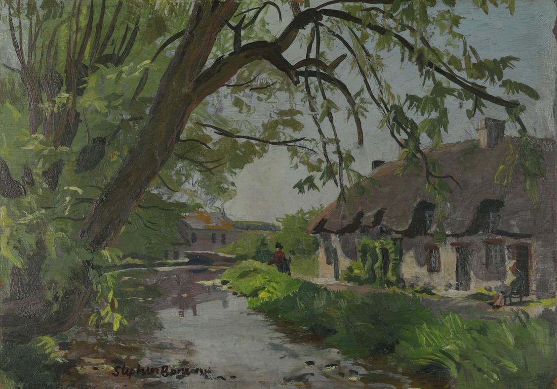 Stephen Bone (Br. 1904-1958), Village Pond at Sutton...: STEPHEN BONE (Br. 1904-1958) Village Pond at Sutton Poyntz, Dorset, 1946 Oil on panel, framed 9 1/2" x 13 3/4" sight, 13 13/16" x 18" framed Signed and dated l.l., signed, titled and dated on verso, "