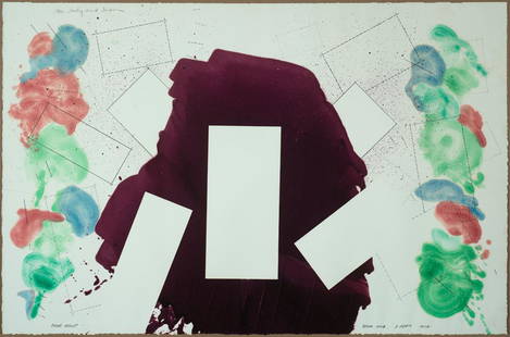 Robert Reed, "Plum Nellie, Bear Hug" 1979, Mixed media: Robert ReedAm. 1938-2014"Plum Nellie, Bear Hug" 1979Mixed media on paper, framedSigned, titled and dated l.r., titled l.l., inscribed "For Judy and John" u.l.22 9/16" x 34 1/2" sight, 23 7/8" x 35