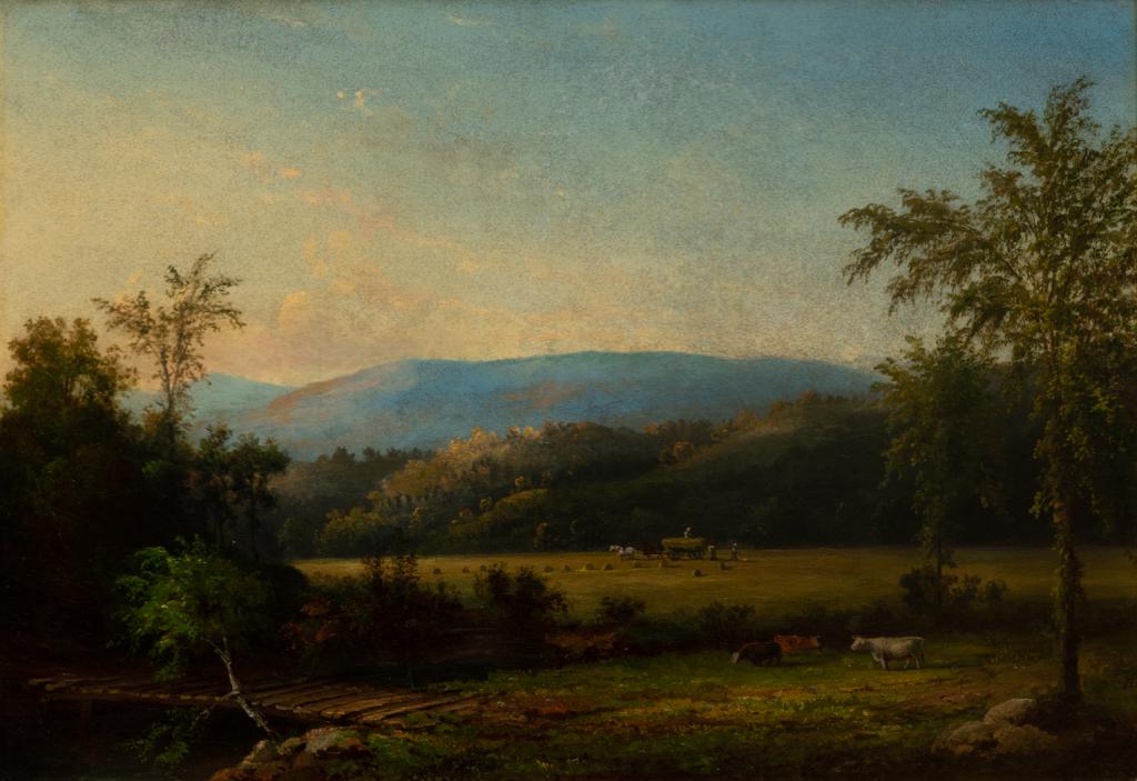 John White Allen Scott, Landscape with Hay Wagon,: John White Allen Scott Am. 1815-1907 Landscape with Hay Wagon, Possibly New Hampshire Oil on canvas, framed Initialed indistinctly l.r. 14 1/16" x 20 1/16" actual, 20 3/16" x 26 1/4" framed Provenance