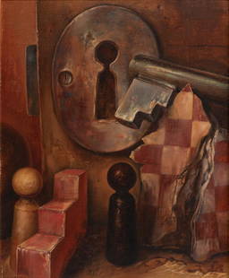 Samuel Bak, "Opening", Oil on linen, framed: Samuel Bak Polish/Am. b. 1933 "Opening" Oil on linen, framed Signed l.l. and on verso, titled on verso, Pucker/Safari Gallery label on verso 17 13/16" x 14 5/8" sight, 24 3/4" x 21 1/2" framed Provena