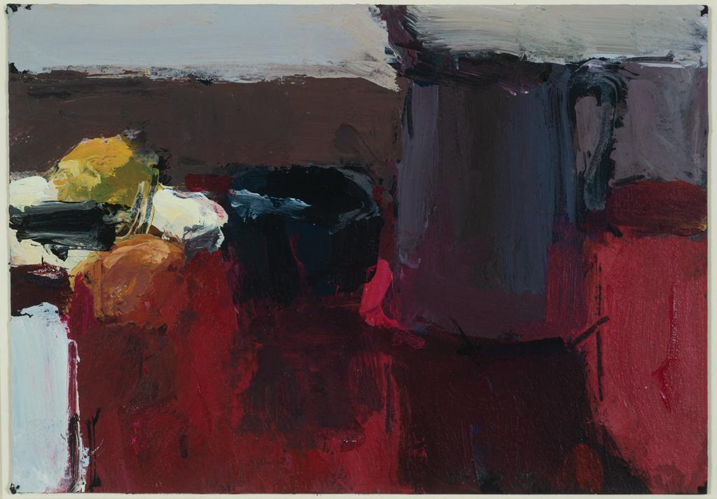 Stuart Shils, "Still Life with Red Table and Dark: Stuart Shils Am. b. 1954 "Still Life with Red Table and Dark Shapes" 1995 Acrylic on paper, framed Signed and dated l.r., titled and inscribed "For Ray Roberts" on verso 4 1/8" x 5 15/16" sight, 13 5/