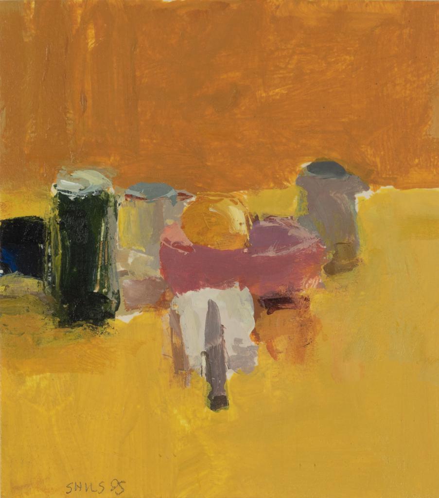 Stuart Shils, "Still Life with Yellow Table" 1995,: Stuart Shils Am. b. 1954 "Still Life with Yellow Table" 1995 Acrylic on paper, framed Signed and dated l.l., titled and inscribed "For Ray Roberts" on verso 5 1/16" x 4 1/2" sight, 14 3/4" x 13 5/8" f