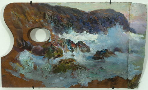 William Partridge Burpee, Burpee's Palette with: William Partridge Burpee Am. 1846-1940 Burpee's Palette with Blackhead, Monhegan Island c. 1926 Oil on shaped palette, framed Titled and attributed on verso 11 1/2" x 7 1/8" sight, 17 1/8" x 23" frame