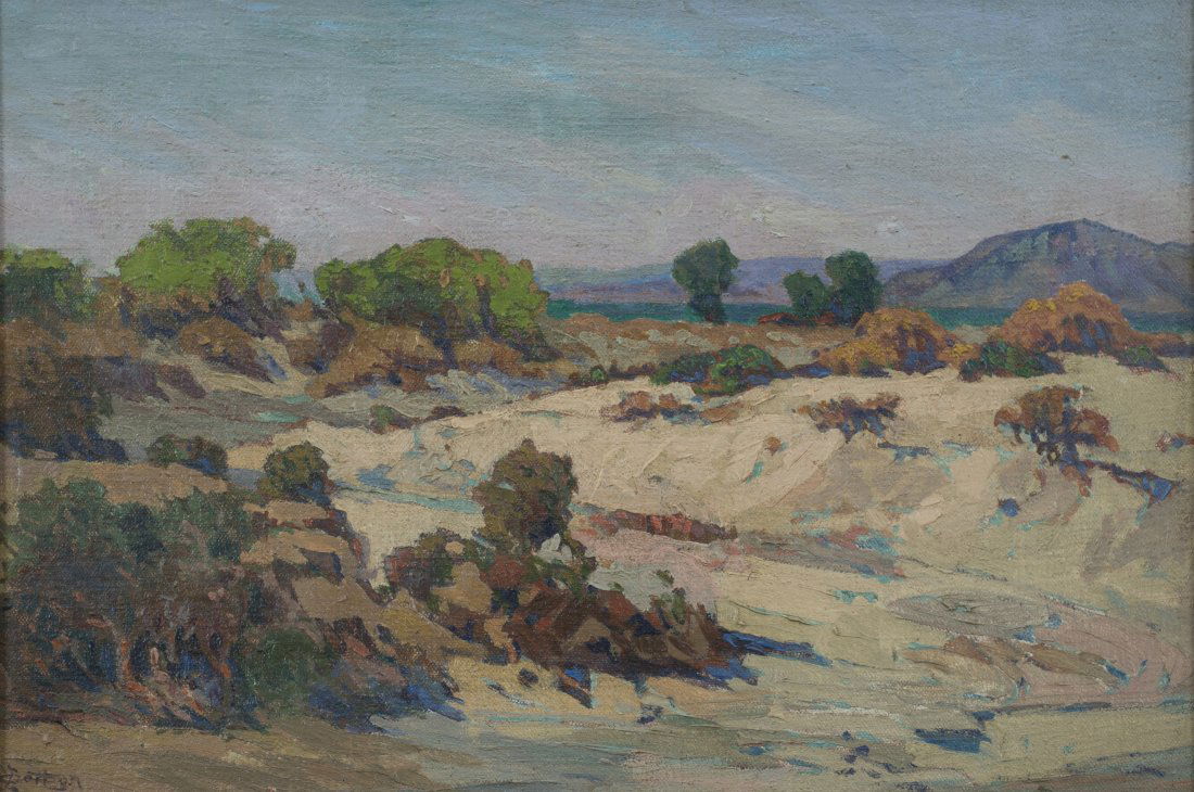 John Wesley Cotton, Near the Salton Sea, Oil: John Wesley Cotton Can./Am. 1868-1931 "Near the Salton Sea" Oil on canvas laid to board, framed Signed l.l., titled and attributed on verso 12 3/4" x 18 1/2" sight, 17 1/8" x 22 11/16" framed Provenan