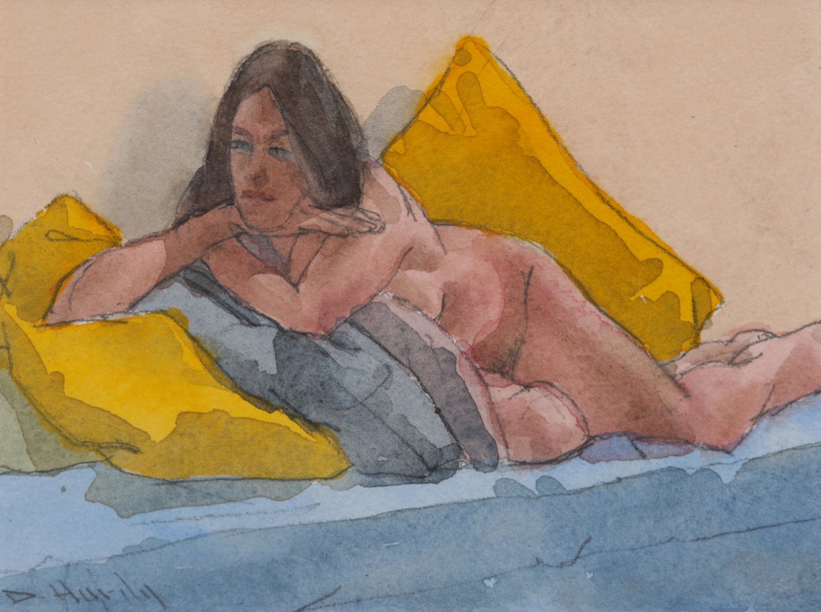 Dewitt Hardy, Am. 1940-2017, Reclining Nude: DEWITT HARDY Am. 1940-2017 Reclining Nude Watercolor on paper, framed Signed l.l., framer information attached to verso 4 1/8" x 5 1/2" sight, 10 3/8" x 11 7/8" framed Provenance: Private Collection M