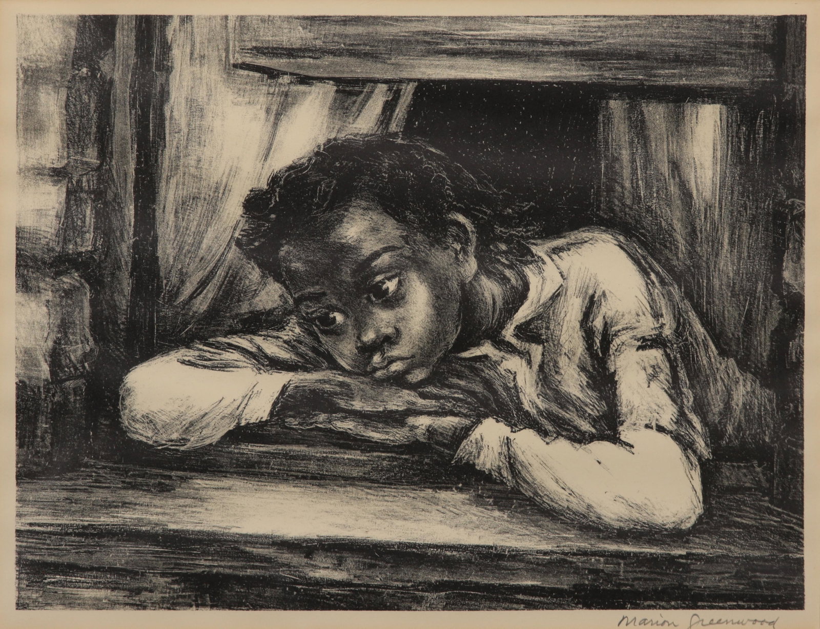 Marion Greenwood, Am. 1909-1970, "The Window" 1950: MARION GREENWOOD Am. 1909-1970 "The Window" 1950 Lithograph on paper, framed Signed l.r., titled on Associated American Artists printout attached to verso 10" x 13 1/8" sight, 15 1/2" x 18" framed Pro