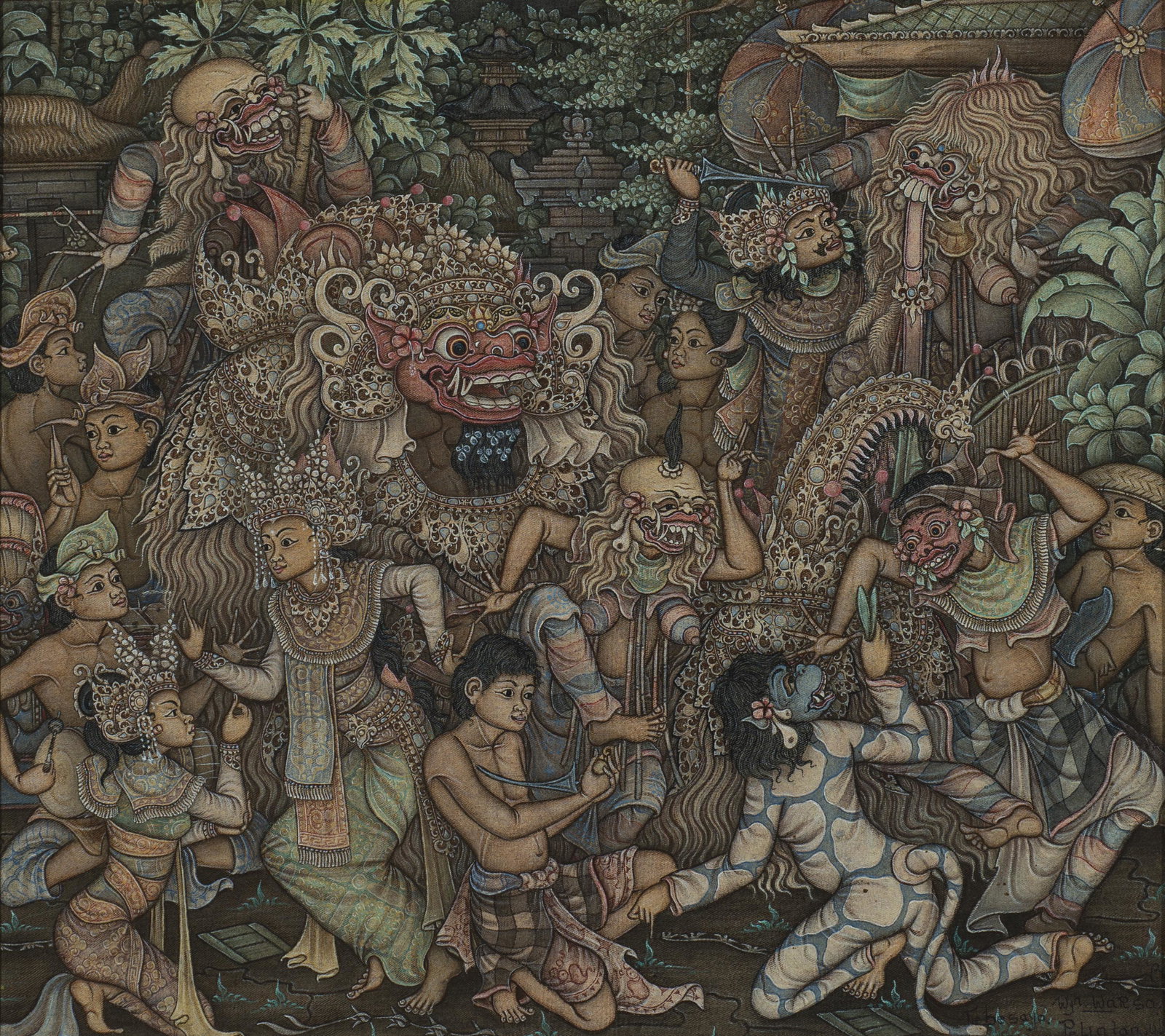 Wayan Warsa, Balinese/Indonesian b. 1945, "Tebesaya,: WAYAN WARSA Balinese/Indonesian b. 1945 "Tebesaya, Peliatan, Ubud, Bali" Gouache on canvas, framed Signed and titled l.r. and on verso 17 1/8" x 19 11/16" actual, 22 7/8" x 25 1/16" framed Provenance: