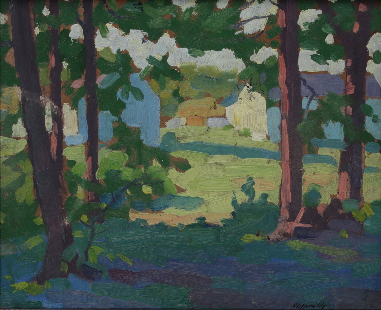 Clifford Ulp, Am. 1885-1958, View from the Trees: CLIFFORD ULP Am. 1885-1958 View from the Trees Oil on board, framed Signed l.r. 8" x 10" actual, 9 1/8" x 11 1/8" framed Provenance: Private Collection Michigan