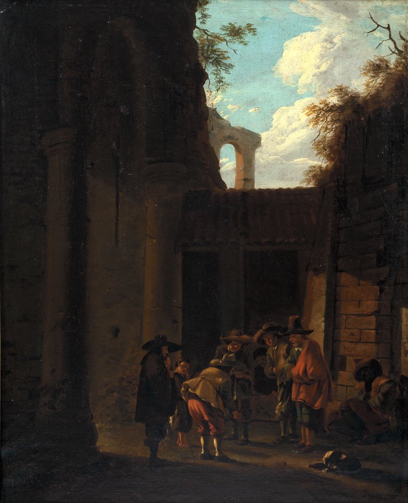 School of Nicolaes Berchem, Dutch 1620-1683, Dutch: School of Nicolaes Berchem (Dutch 1620-1683) Dutch Gambling Scene Oil on canvas, framed Initialed "N.B" l.l 23" x 18 5/8" actual, 29 1/4" x 24 13/16" framed Provenance: Private Collection California