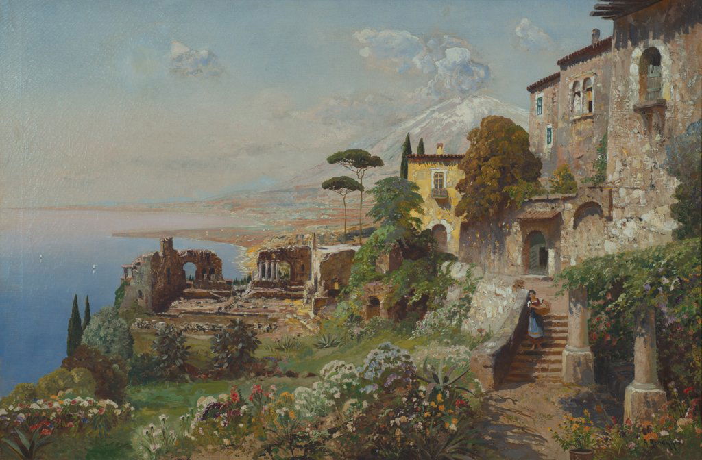 Alois Arnegger, Austrian 1879-1963, "Taormina", Oil on: Alois Arnegger (Austrian 1879-1963) "Taormina" Oil on canvas, framed Signed l.r., titled verso 28 1/8" x 42 1/16" actual, 33 7/16" x 47 9/16" framed Provenance: Private Collection Auburn, Maine