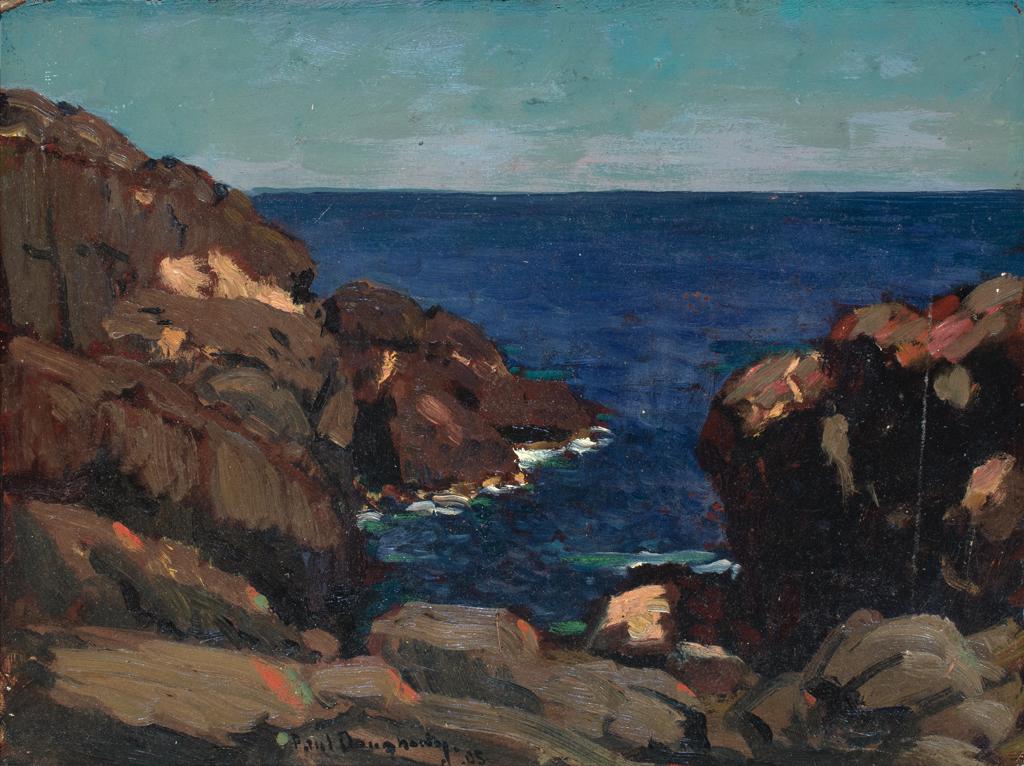 Paul Dougherty, Am. 1877-1947, "Squeeker (sic) Rock,: Paul Dougherty (Am. 1877-1947) "Squeeker (sic) Rock, Monhegan, Maine" 1905 Oil on canvas laid to board, framed Signed and dated l.c., titled verso 12" x 16" actual, 14 3/8" x 18 1/4" framed Provenance
