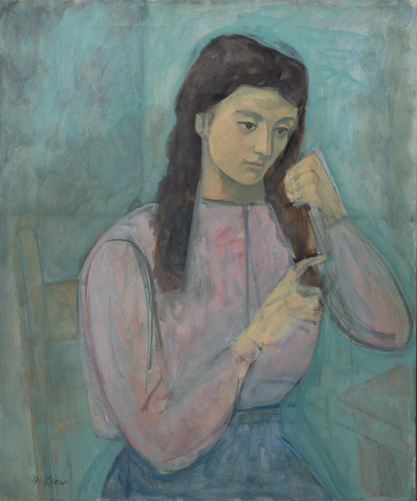 Michael Loew, Am. 1907-1985, "Lily" 1937, Oil on: Michael Loew (Am. 1907-1985) "Lily" 1937 Oil on canvas, framed Signed l.l., titled and dated verso, Marilyn Pearl Gallery and biographical labels verso 30 1/8" x 24 15/16" actual, 30 7/8" x 25 3/4" fr