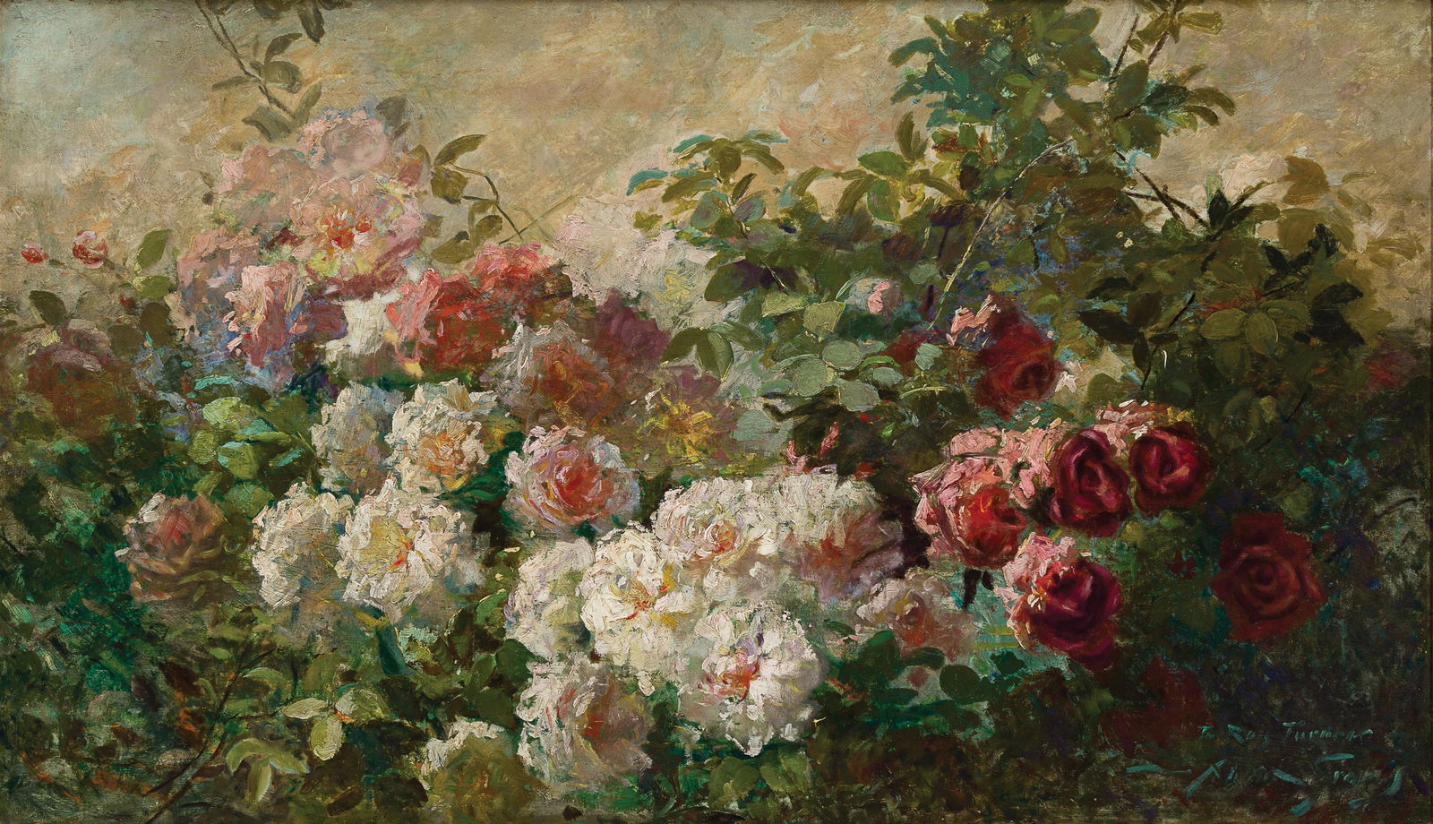 Abbott Fuller Graves, Am. 1859-1936, Lush Peonies, Oil on canvas, framed: Abbott Fuller Graves (Am. 1859-1936) Lush Peonies Oil on canvas, framed Signed and "To Ross Turner" inscribed l.r. 28 1/8" x 48" actual, 33" x 53" framed Provenance: Private Collection Far Hills, New