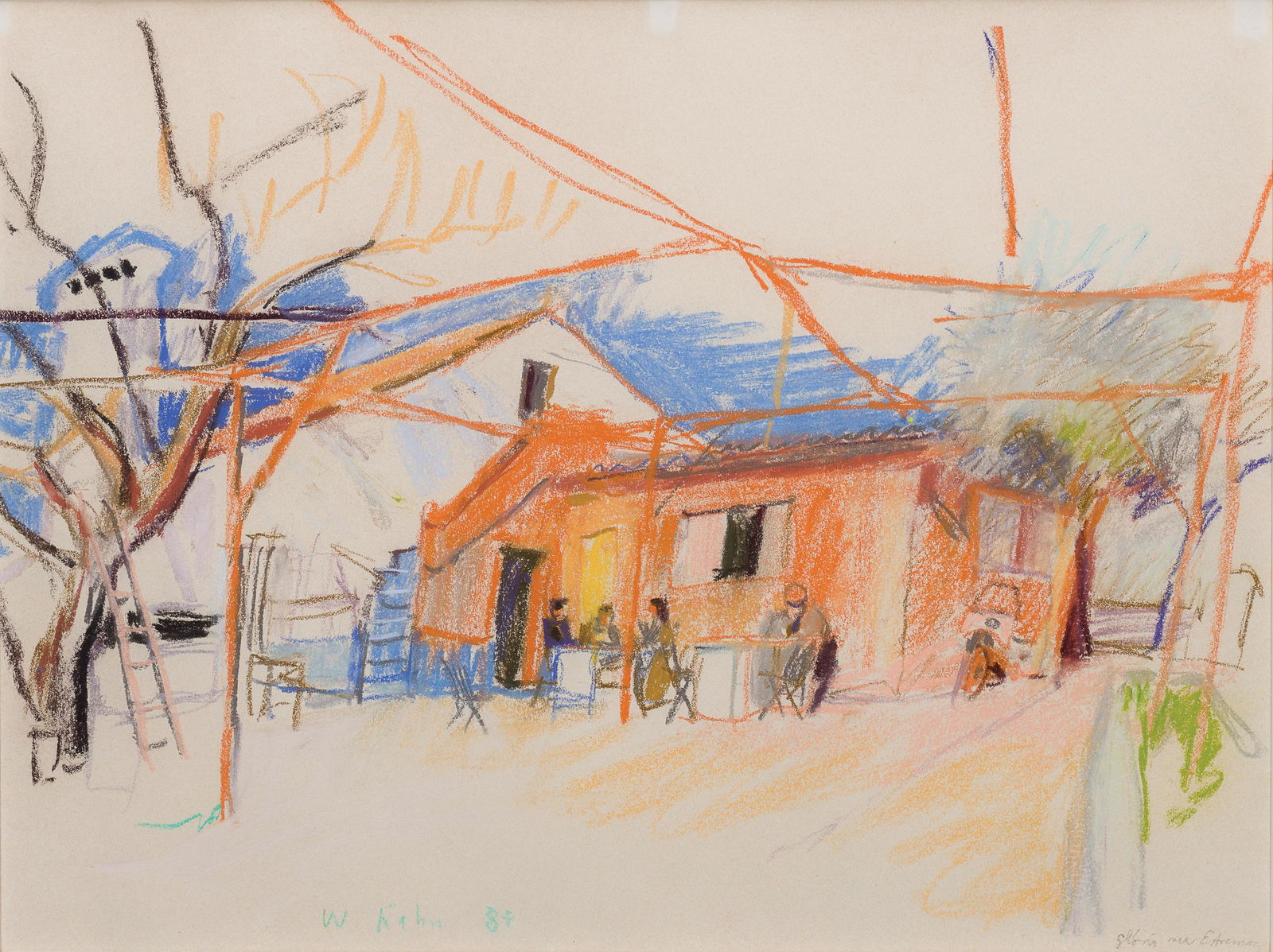 Wolf Kahn, Am. 1927-2020, Cafe with Figures, 1984, Pastel on paper, framed under glass: Wolf Kahn (Am. 1927-2020) Cafe with Figures, 1984 Pastel on paper, framed under glass Signed and dated l.c., indistinct inscription l.r. 14 1/2" x 19 1/4" sight, 22 3/4" x 27 3/4" framed Provenance: P