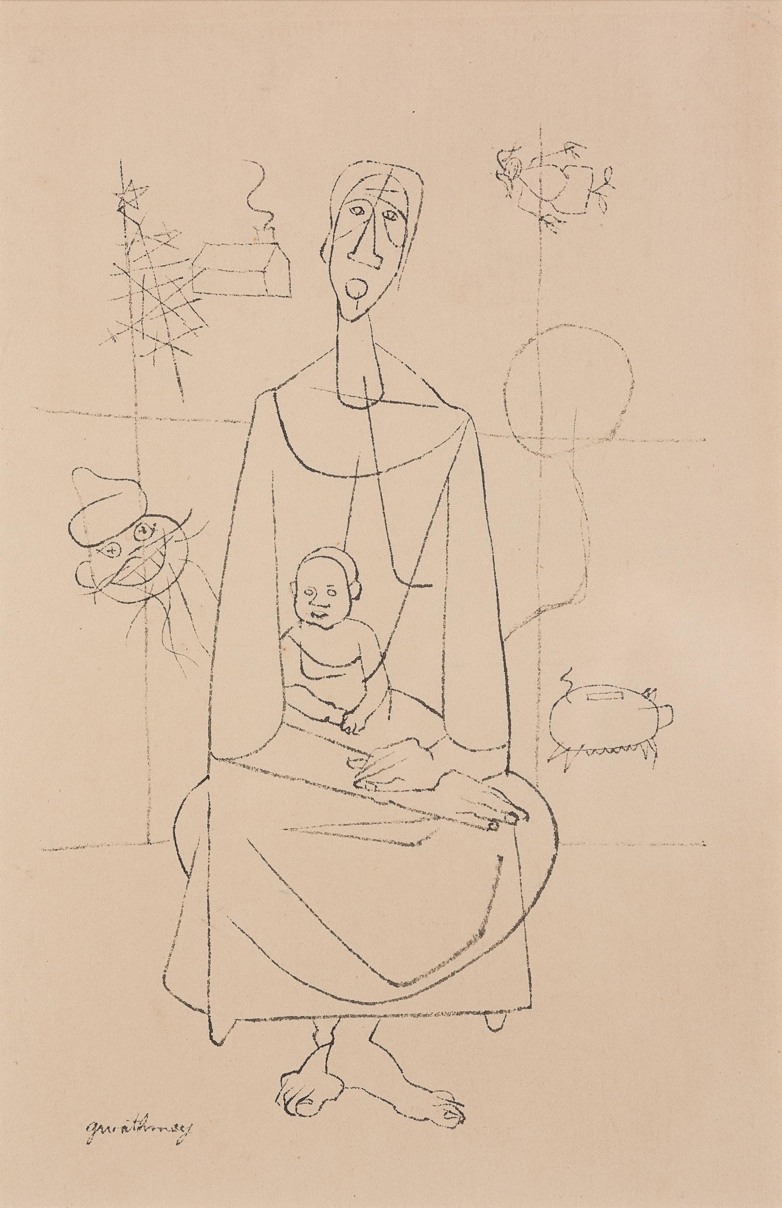 Robert Gwathmey, Am. 1903-1988, "Mother and Child", Ink on paper, framed under glass: Robert Gwathmey (Am. 1903-1988) Mother and Child Ink on paper, framed under glass Signed l.l. 11 1/2" x 7 3/8" sight, 18 5/16" x 14 5/16" framed Provenance: Private Collection Wiscasset, Maine