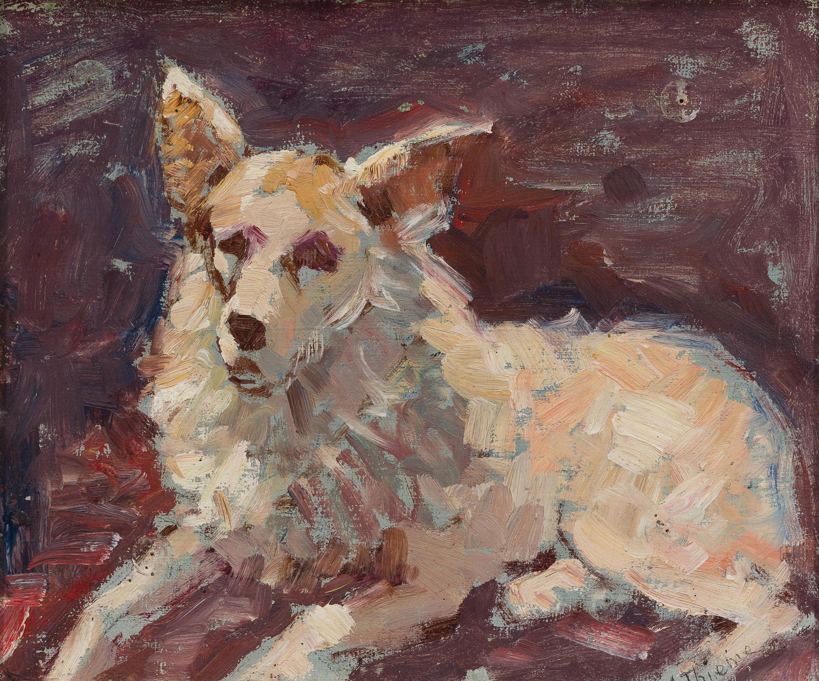Anthony Thieme, Am. 1888-1954, "His Dog" Rockport, 1927, Oil on panel, framed: Anthony Thieme (Am. 1888-1954) "His Dog" Rockport, 1927 Oil on panel, framed Signed l.r., titled, dated and inscribed "Rockport" verso 9 1/2" x 11 1/2" sight, 13 1/4" x 15 1/4" framed Provenance: Priv