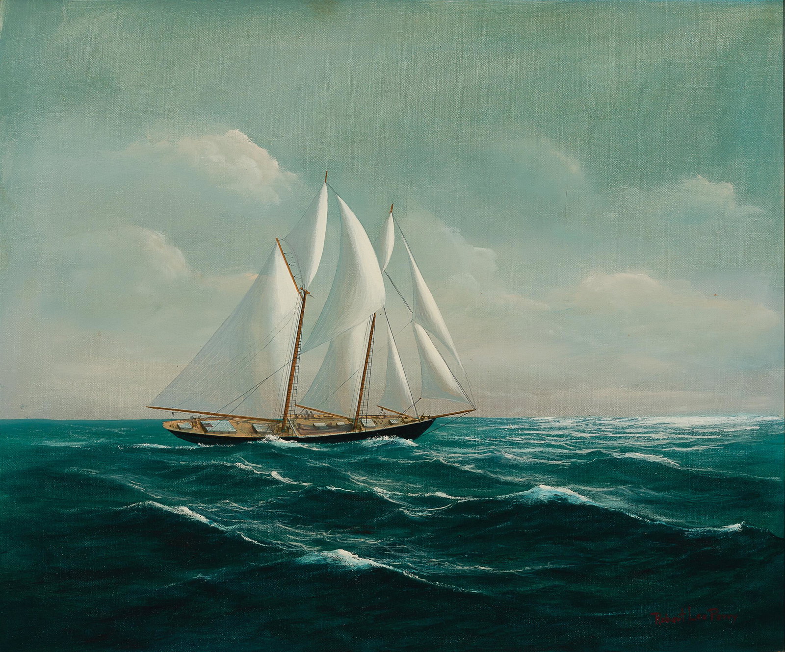Robert Lee Perry, Am. 1909-1981, "Gloucester Banks Fishing Schooner, Columbia", Oil on canvas,: Robert Lee Perry(Am. 1909-1981) "Gloucester Banks Fishing Schooner, Columbia" Oil on canvas, framed Signed l.r., signed and "Rockport, Mass" inscribed verso, titled stretcher verso 19 5/8" x 23 5/8" s
