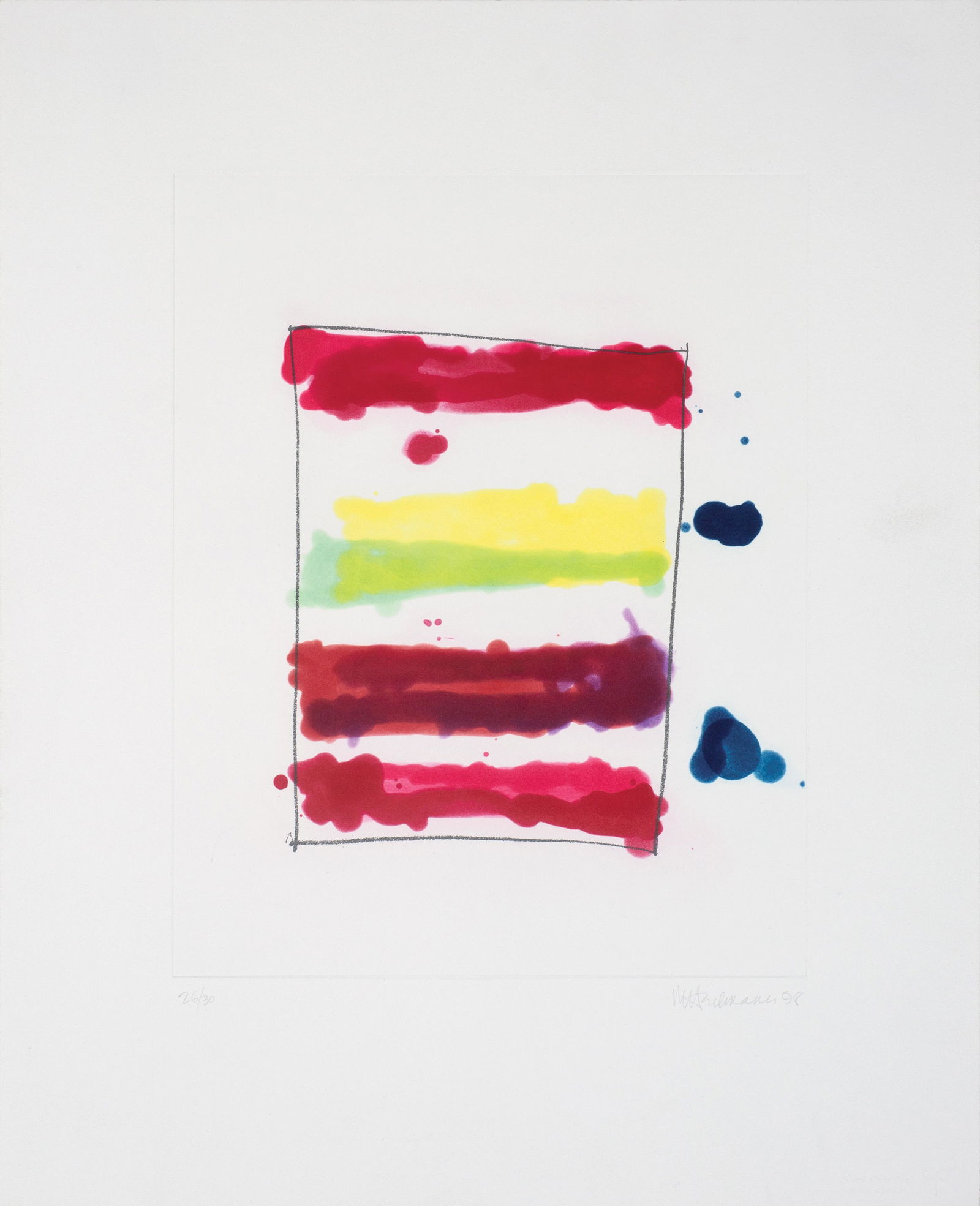 Mary Heilmann, Am. b. 1940, "Garden Study" 1998, Aquatint and etching on paper, framed under glass: Mary Heilmann (Am. b. 1940) "Garden Study" 1998 Aquatint and etching on paper, framed under glass Signed and dated l.r., numbered "26/30" l.l., titled verso 21" x 17" actual, 25 3/8" x 21 1/4" framed