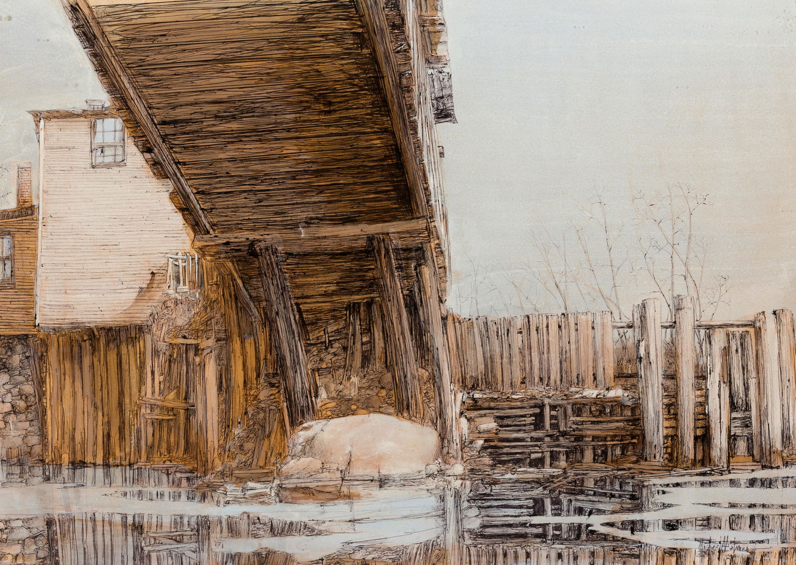 Michael Palmer, Am. b. 1942, Beneath the Covered Bridge at Jackson, Acrylic and ink on board, (1 of 5)
