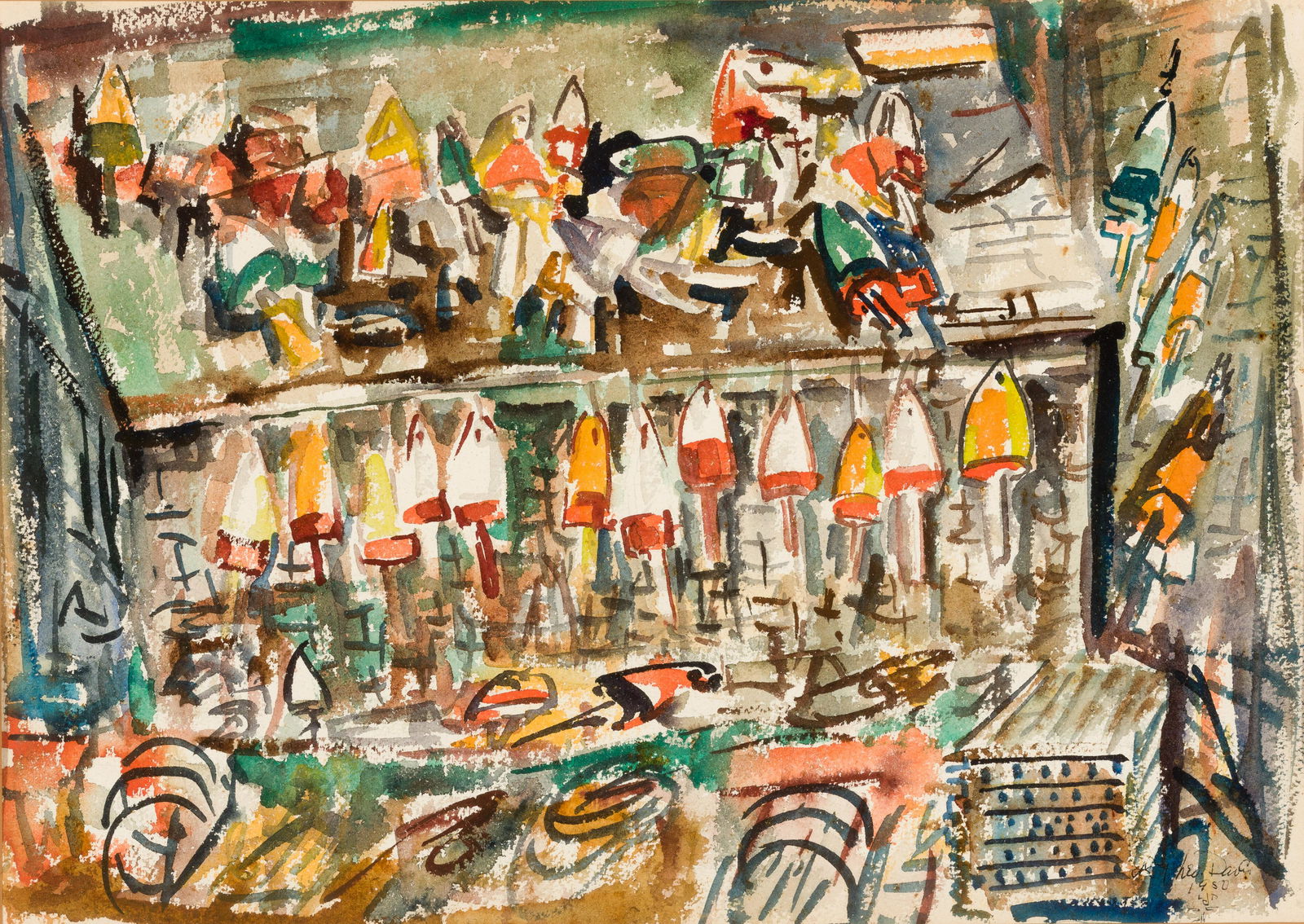 Ted Davis, Am. 1908-1995, "Lobster Buoys" 1950, Watercolor on paper, framed. (1 of 5)