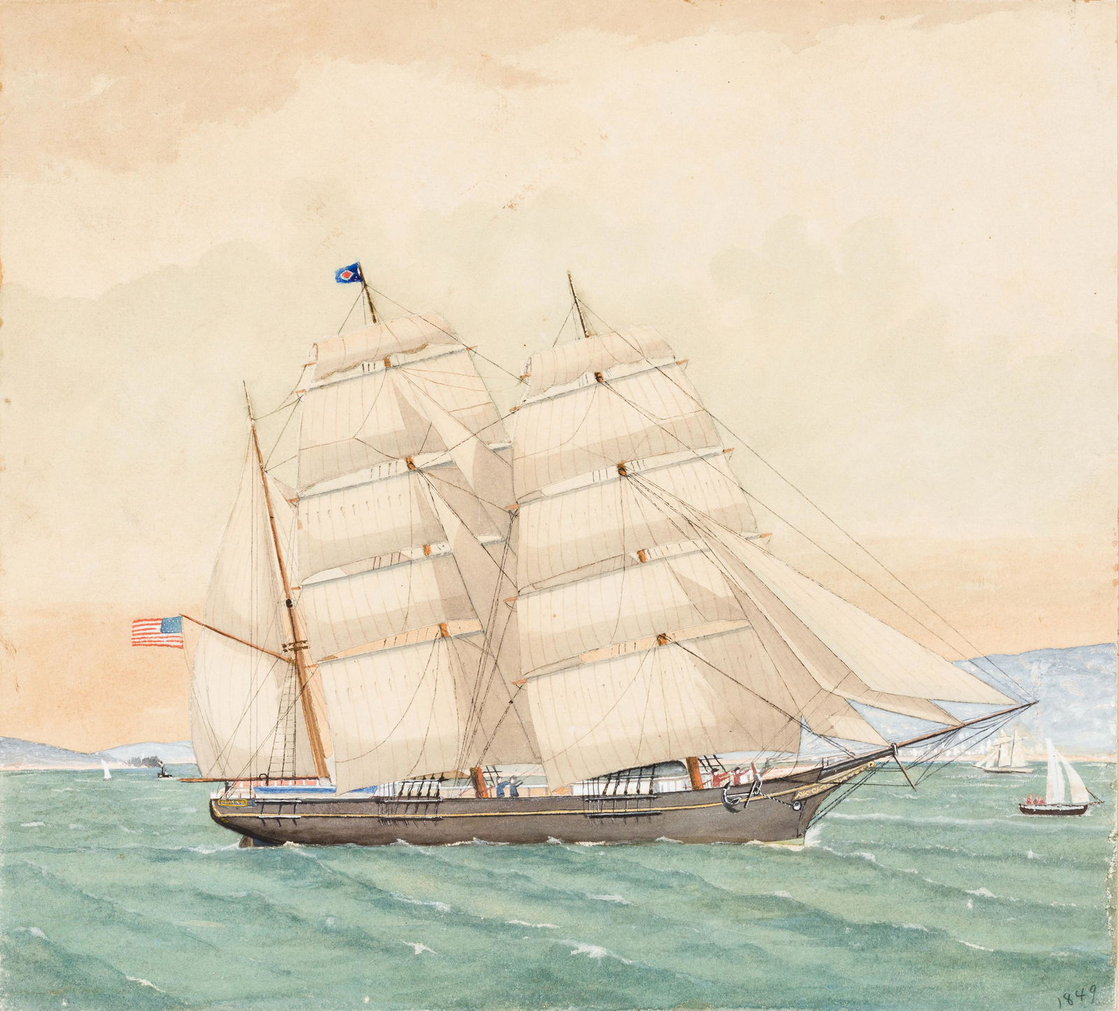 19th Century American School, Sailing Ship, 1849, Watercolor on paper, framed. (1 of 4)