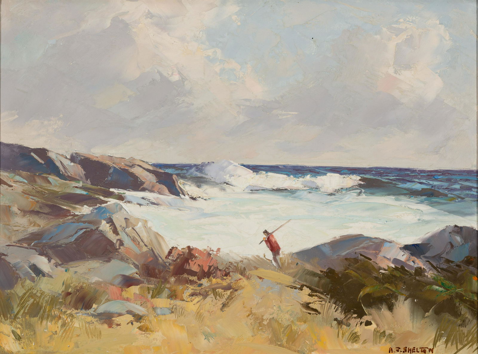 Alphonse Joseph Shelton, Am. 1905-1976, Coastal Surf, Maine, Oil on board, framed.: Alphonse Joseph Shelton (Am. 1905-1976) Coastal Surf, Maine Oil on board, framed Signed l.r. 11 3/8" x 15 5/16" sight, 17 3/8" x 21 5/16" framed Provenance: Private Collection Massachusetts