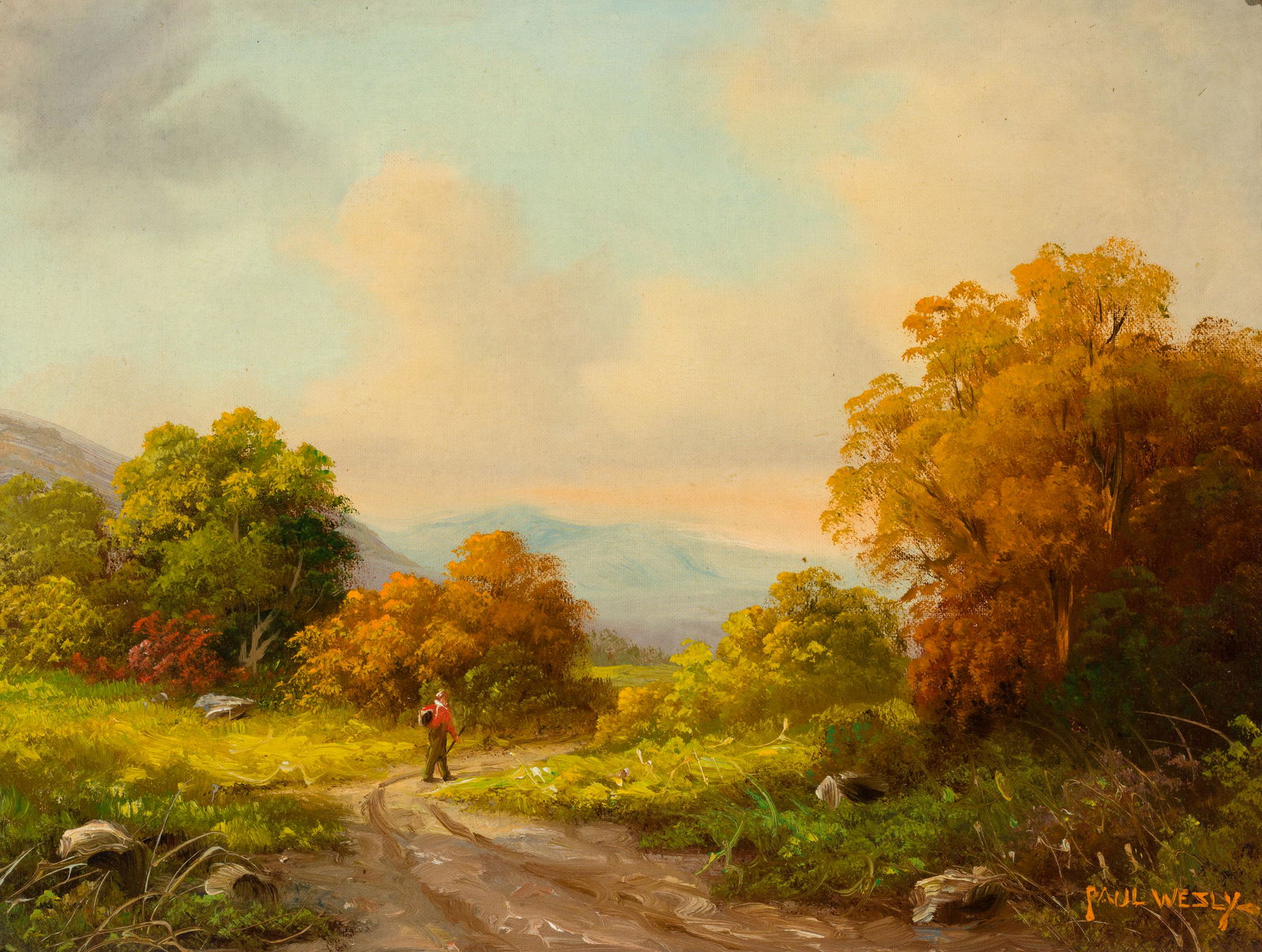 Paul Wesley, Am. 19th/20th Century, "Catskill Walker", Oil on panel, framed. (1 of 6)