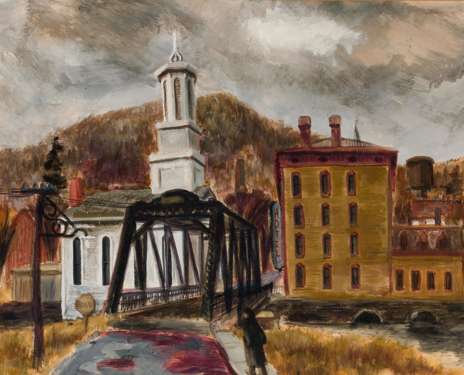 Charles E. Buckley, Am. 1919-2011, Church and Bridge, Watercolor on paper, framed.: Charles E. Buckley (Am. 1919-2011) Church and Bridge Watercolor on paper, framed under glass The Art Institute of Chicago label verso 12 3/8" x 15 3/8" sight, 21 1/2" x 25 1/4" framed Provenance: Priv