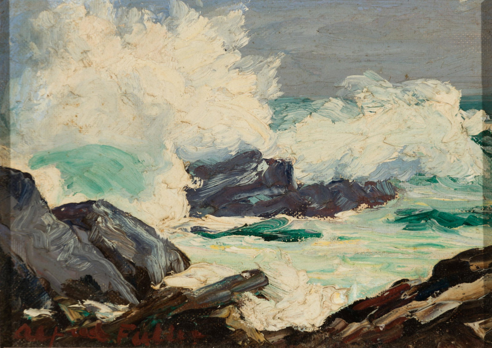 Alfred Fuller, Am. 1899-1980, "Plunging Surf" Monhegan, Maine, Oil on artist board, framed.: Alfred Fuller (Am. 1899-1980) "Plunging Surf" Monhegan, Maine Oil on artist board, framed Signed l.l., signed, titled and inscribed "Monhegan, Maine" verso 4 7/8" x 7" actual, 6 3/4" x 8 3/4" framed P