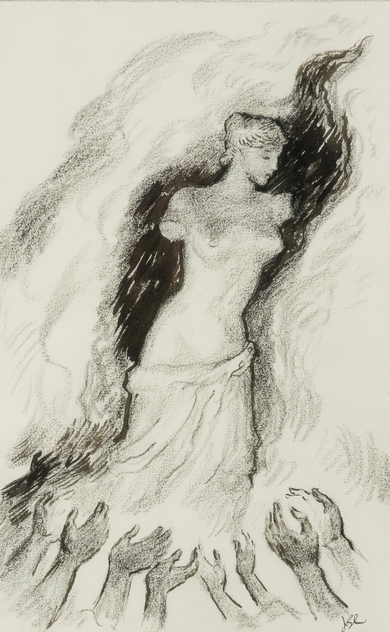 John Steuart Curry (Am. 1897-1946), Study of an Effigy, Charcoal and ink on paper, framed under: John Steuart Curry (Am. 1897-1946) Study of an Effigy Charcoal and ink on paper, framed under glass Initialed l.r. 9 7/8" x 6 1/4" actual, 19 1/8" x 15 1/8" framed Provenance: Private Collection Rye B
