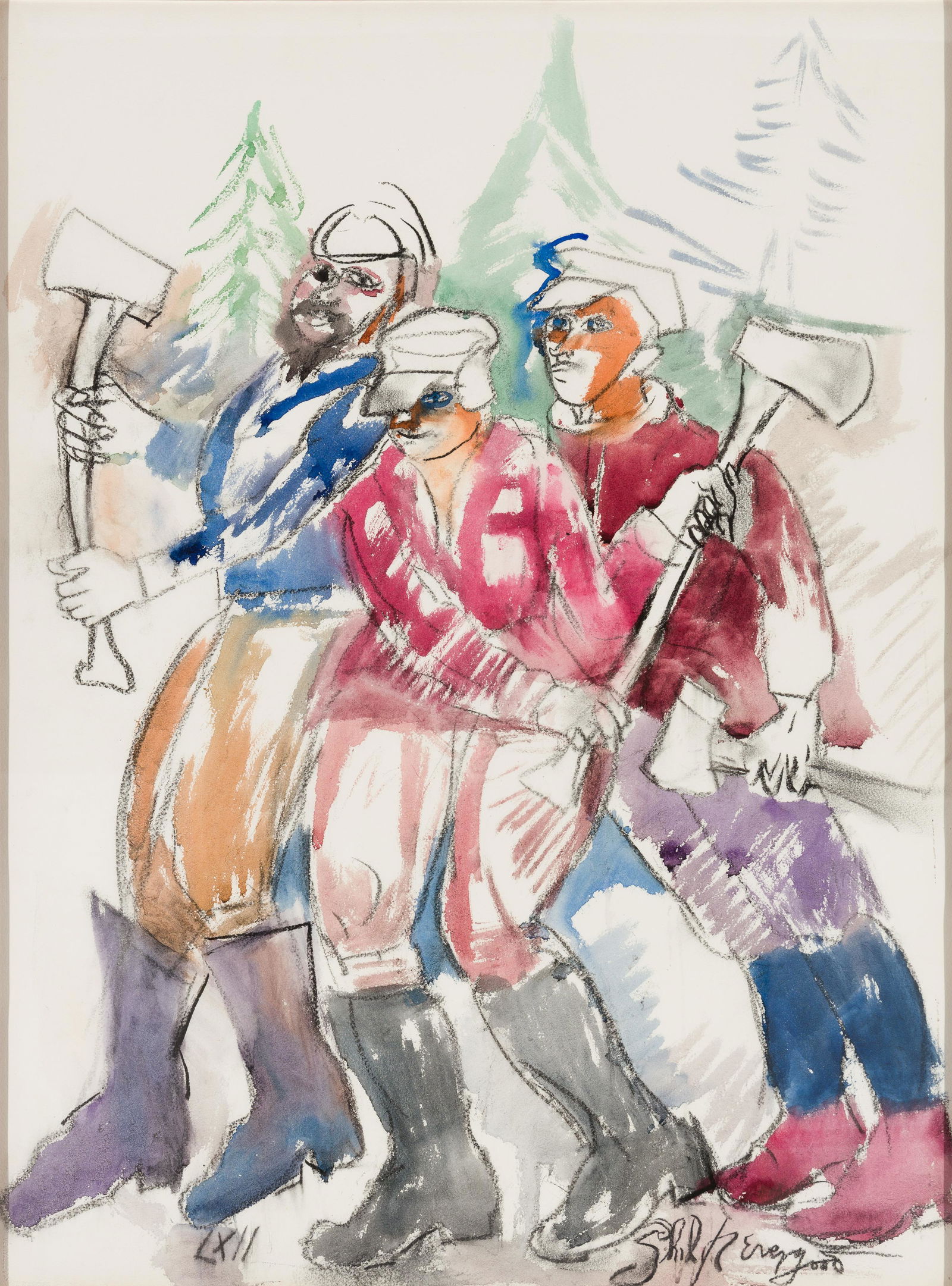 Philip Evergood (Am. 1901-1973), The Exultant Woodsmen, 1962, Watercolor on paper, framed under (1 of 8)