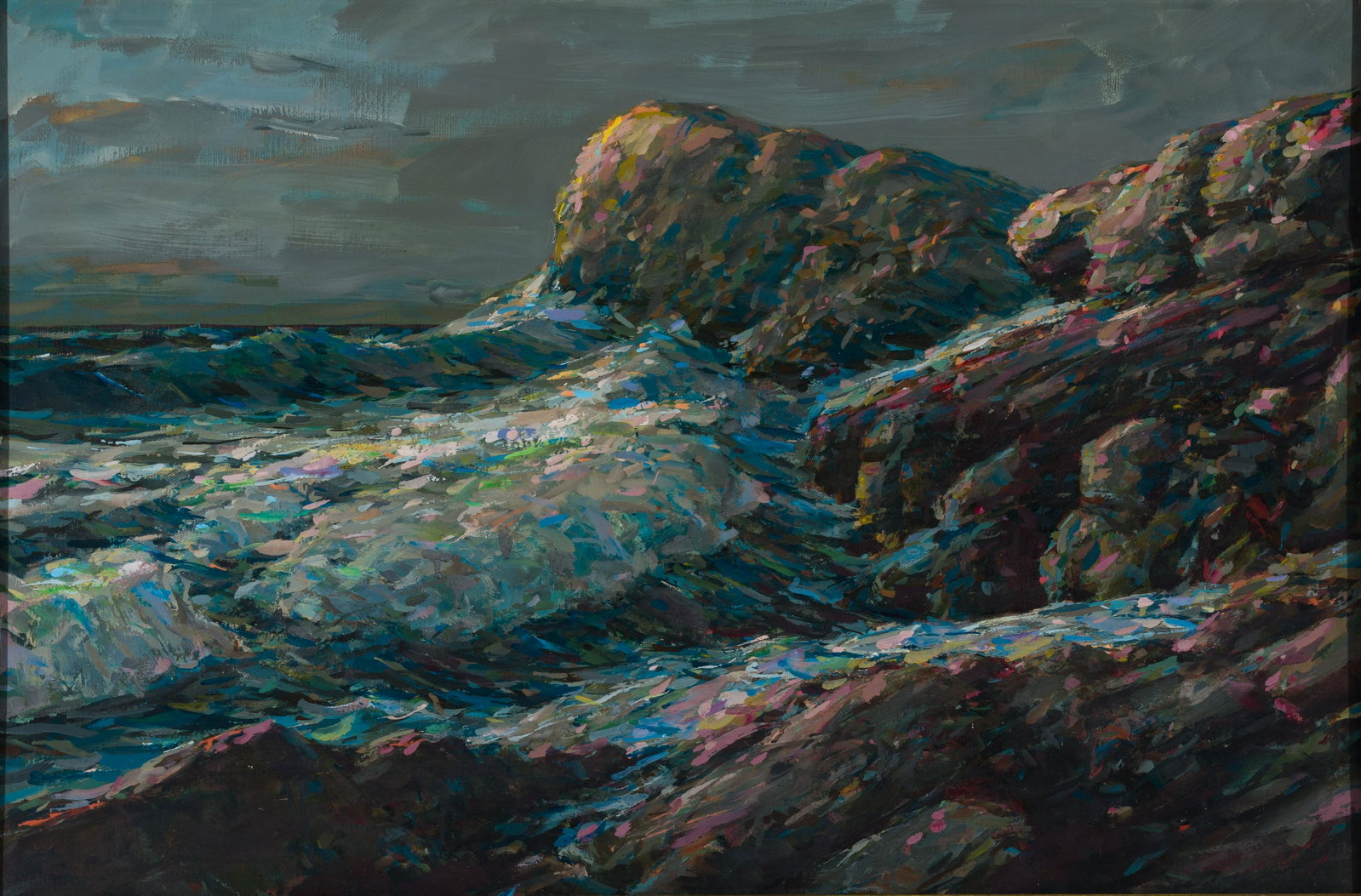 Karl Schmidt (Am. 1890-1962), Seascape, Monhegan, Oil on masonite, framed: Karl Schmidt (Am. 1890-1962) Seascape, Monhegan Oil on masonite, framed Karl Schmidt Collection label verso 20" x 30" actual, 24 1/2" x 34 5/8" framed Provenance: Private Collection San Diego, Califor
