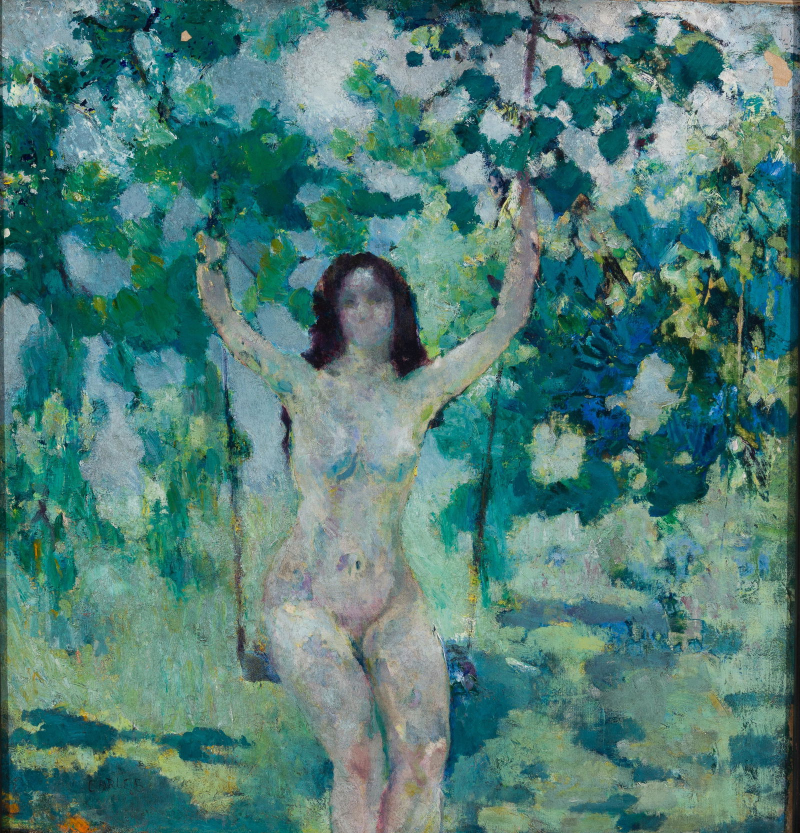 Attr. to Arthur Beecher Carles Jr. (Am. 1882-1952), Swinging Nude, Oil on canvas, framed: Attr. to Arthur Beecher Carles Jr. (Am. 1882-1952) Swinging Nude Oil on canvas, framed Signed l.l., signed verso 25" x 24" actual, 31 1/8" x 29 15/16" framed Provenance: Marc Quinta Gallery Minneapoli