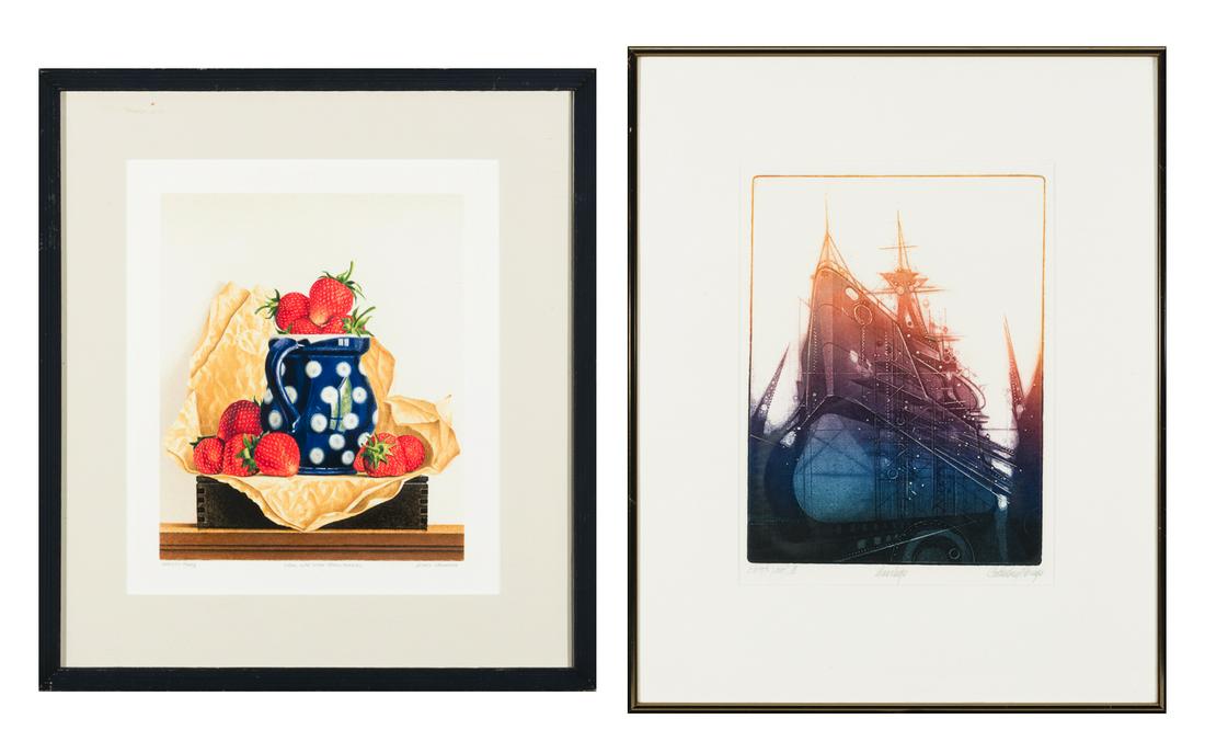James Aponovich (Am. b. 1948) and Donald Stoltenberg (Am. 1927-2016), Two Works, Color lithograph,: James Aponovich and Donald Stoltenberg Am. (b. 1948), Am. (1927-2016) Two Works: 1] "Still Life with Strawberries" 2] "Warship" 1986 1] C
