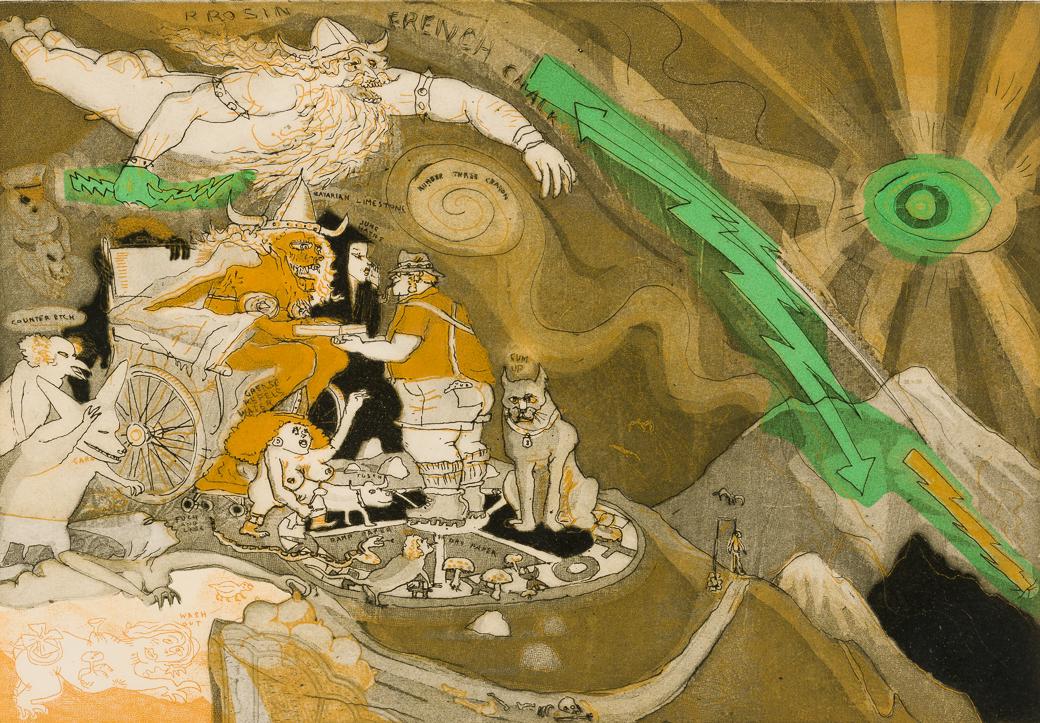 Warrington Colescott (Am. 1921-2018), "History of Printmaking: Senedfelder Receives the Secrets of (1 of 6)